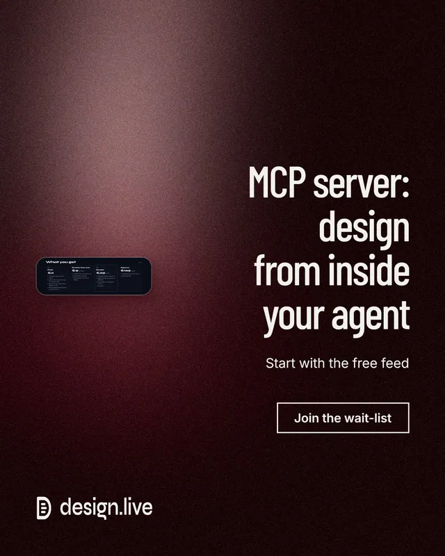 Instagram portrait post for design.live: "MCP server: design from inside your agent". Dark deco style, right layout, dark palette in black, red, grey.