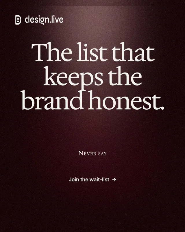 Instagram portrait post for design.live: "The list that keeps the brand honest." Dark deco style, smallcaps layout, dark palette in black, grey.