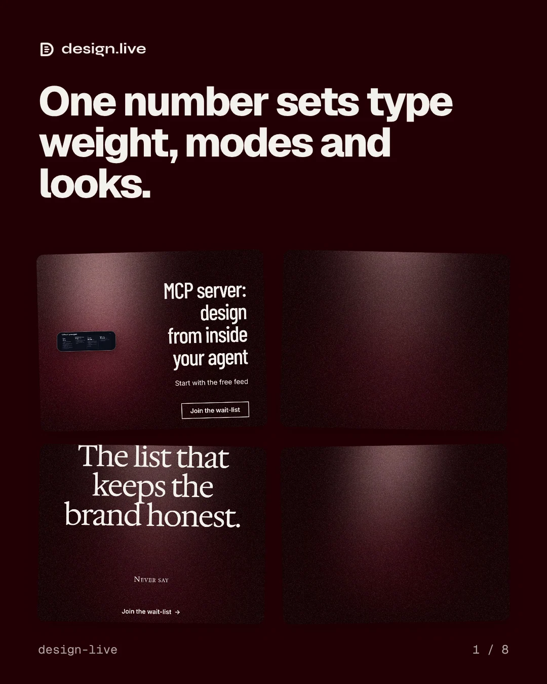 Carousel for design.live: "One number sets type weight, modes and looks.". Collection carousel, 8 slides, dark palette.