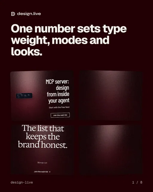 Carousel for design.live: "One number sets type weight, modes and looks.". Collection carousel, 8 slides, dark palette.