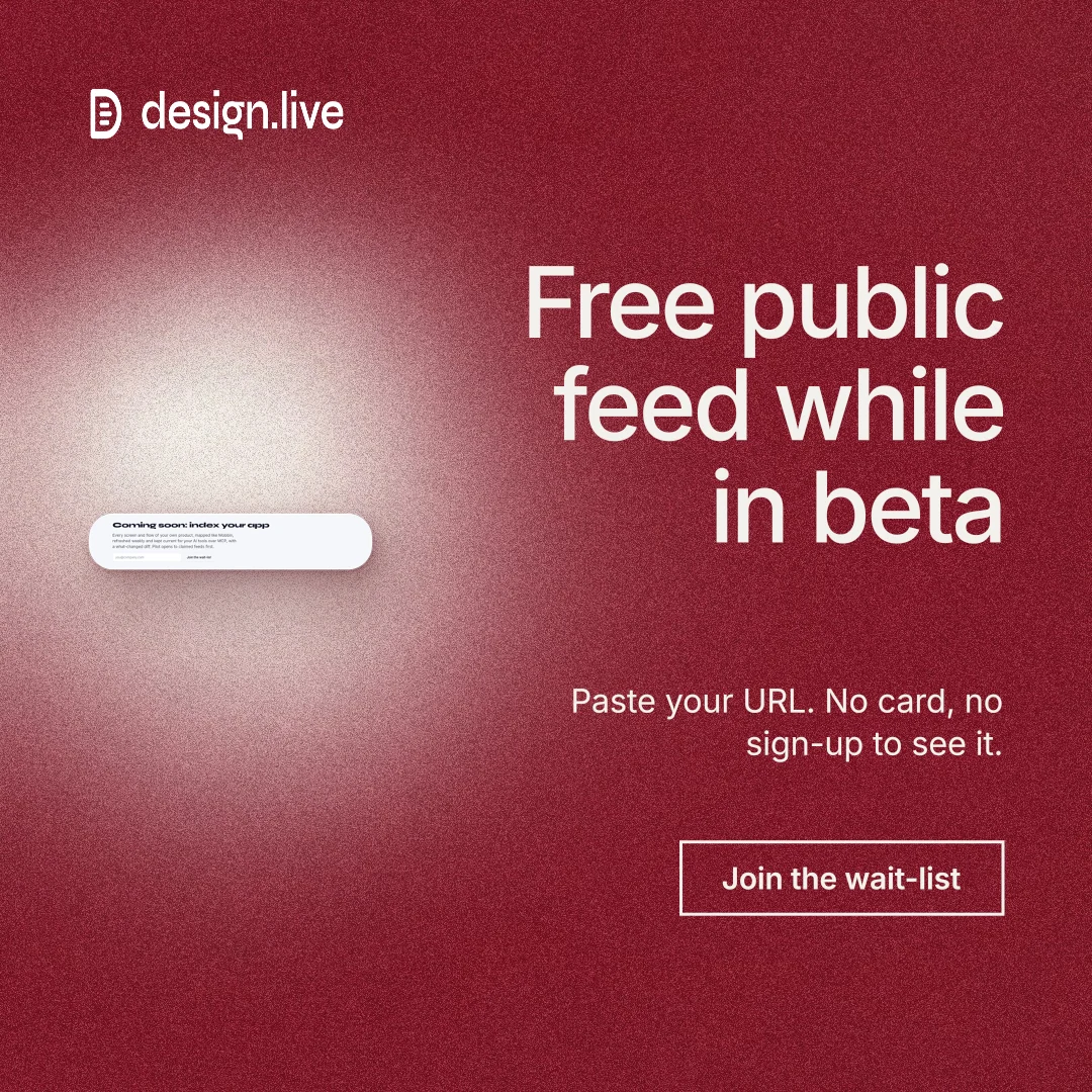Instagram post for design.live: "Free public feed while in beta". Cyanotype style, right layout, dark palette in red.