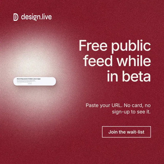 Instagram post for design.live: "Free public feed while in beta". Cyanotype style, right layout, dark palette in red.