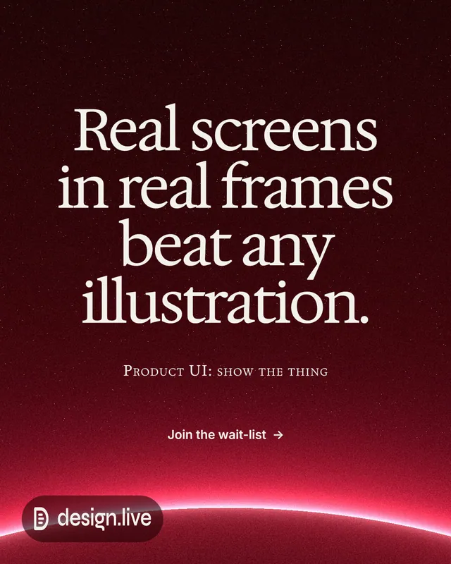 Instagram portrait post for design.live: "Real screens in real frames beat any illustration." Swiss style, smallcaps layout, dark palette in red, black.