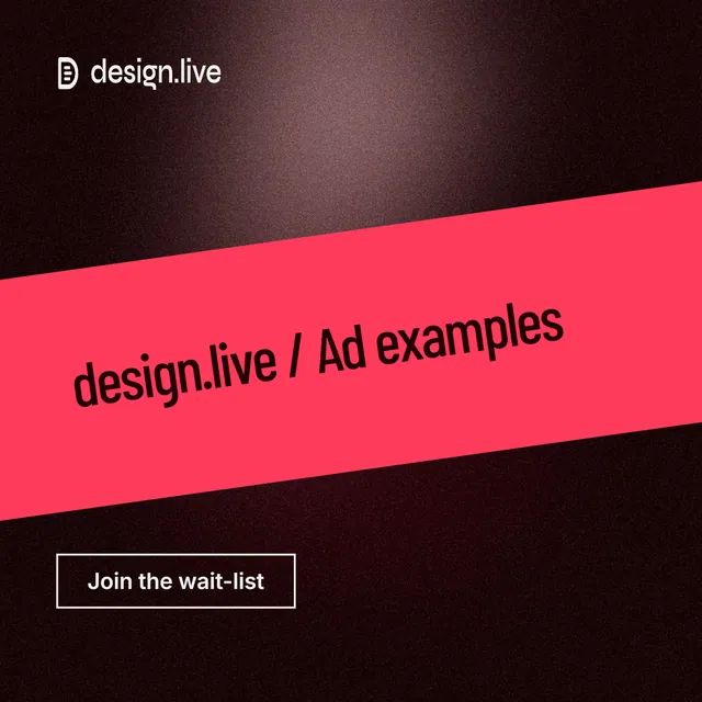 Instagram post for design.live: "design.live / Ad examples". Dark deco style, diagonal layout, dark palette in black, red.