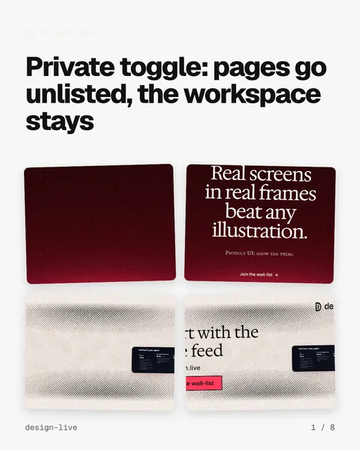 Carousel for design.live: "Private toggle: pages go unlisted, the workspace stays". Collection carousel, 8 slides, light palette.