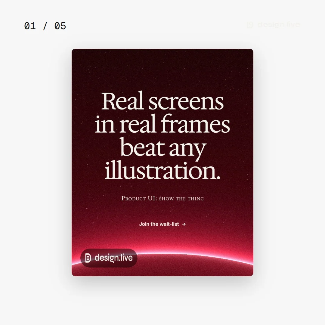 Video for design.live. Ad flipbook, 7.5 s, light palette.