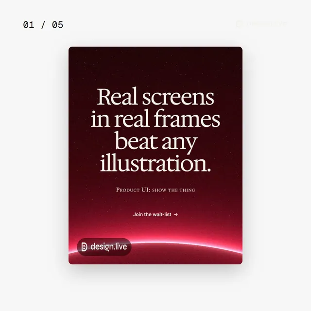 Video for design.live. Ad flipbook, 7.5 s, light palette.