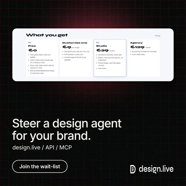 Instagram post for design.live: "Steer a design agent for your brand." Phosphor atlas style, bottom layout, dark palette in black, white.
