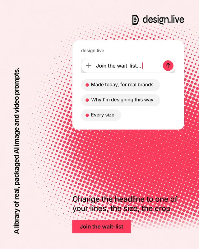 Instagram portrait post for design.live: "A library of real, packaged AI image and video prompts." Swiss style, vertical layout, light palette in white, red.