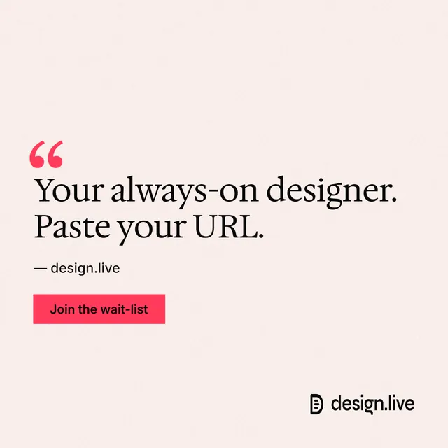 Instagram post for design.live: "Your always-on designer. Paste your URL." Swiss style, quote layout, light palette in white, red.