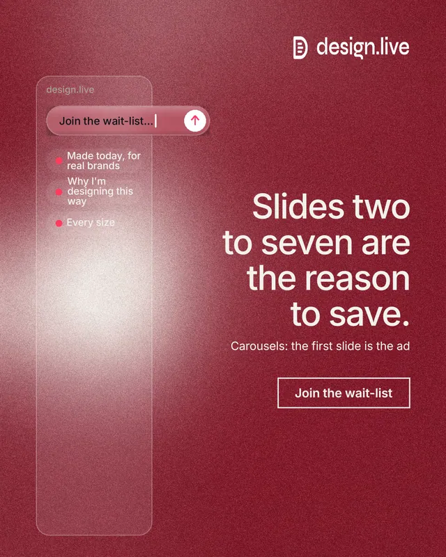 Instagram portrait post for design.live: "Slides two to seven are the reason to save." Cyanotype style, right layout, dark palette in red.