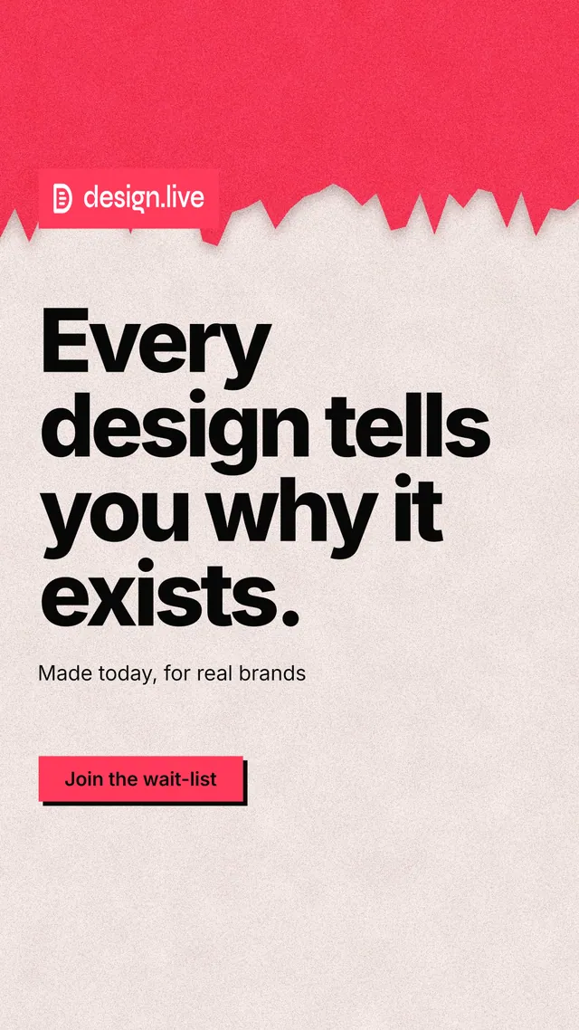 Instagram story for design.live: "Every design tells you why it exists." Paper trio style, announce layout, light palette in orange, red, grey.