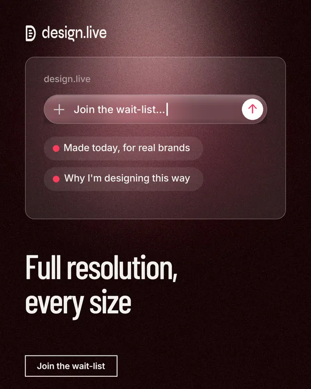 Instagram portrait post for design.live: "Full resolution, every size". Dark deco style, bottom layout, dark palette in black, red, grey.