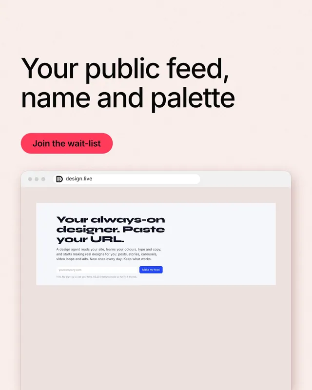 Instagram portrait post for design.live: "Your public feed, name and palette". Data card style, browser layout, light palette in red, white, grey.