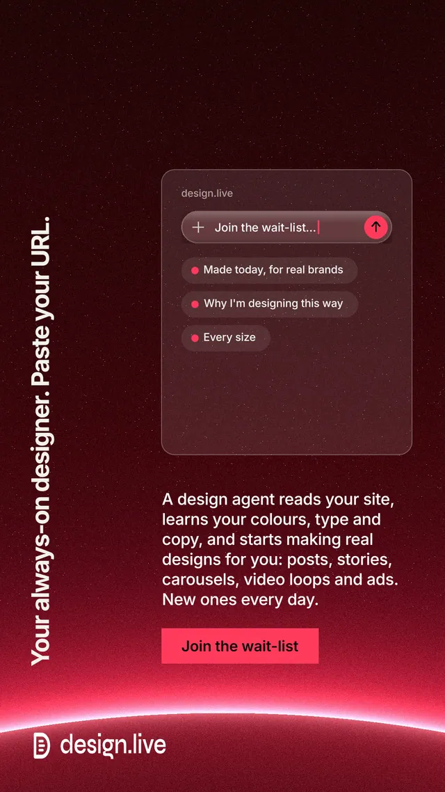 Instagram story for design.live: "Your always-on designer. Paste your URL." Swiss style, vertical layout, dark palette in black, red.