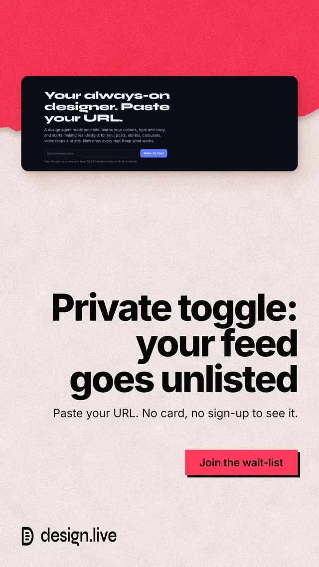 Instagram story for design.live: "Private toggle: your feed goes unlisted". Paper trio style, right layout, light palette in orange, red.