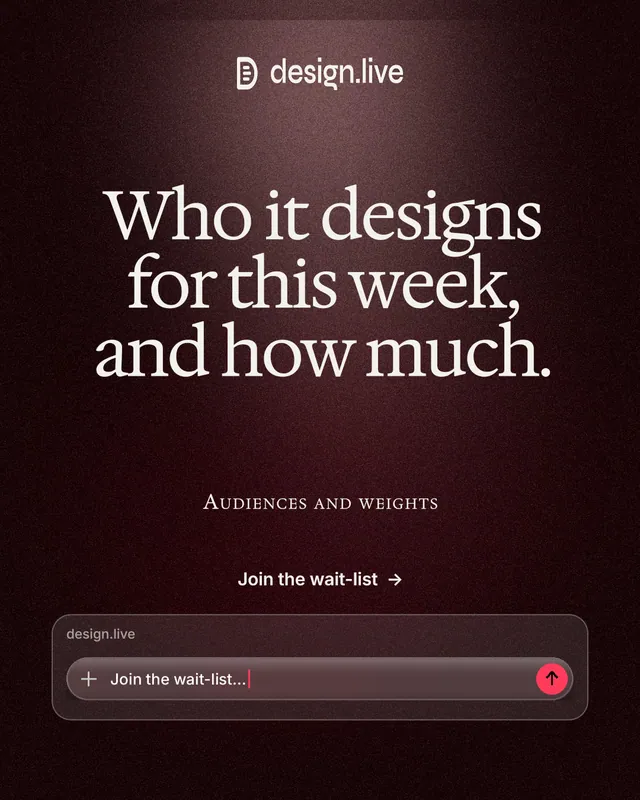 Instagram portrait post for design.live: "Who it designs for this week, and how much." Dark deco style, smallcaps layout, dark palette in black, red, grey.