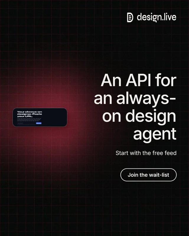 Instagram portrait post for design.live: "An API for an always-on design agent". Phosphor atlas style, right layout, dark palette in black, red.