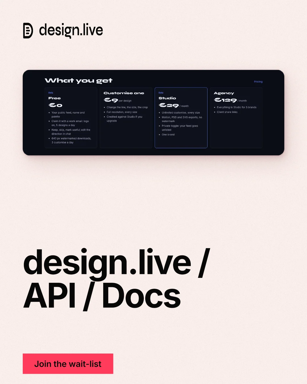 Instagram portrait post for design.live: "design.live / API / Docs". Swiss style, bottom layout, light palette in white, grey.