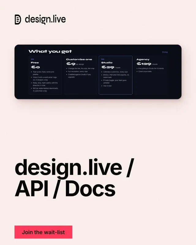 Instagram portrait post for design.live: "design.live / API / Docs". Swiss style, bottom layout, light palette in white, grey.
