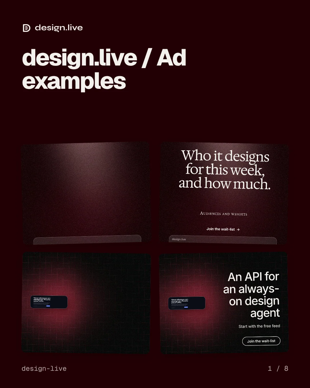 Carousel for design.live: "design.live / Ad examples". Collection carousel, 8 slides, dark palette.