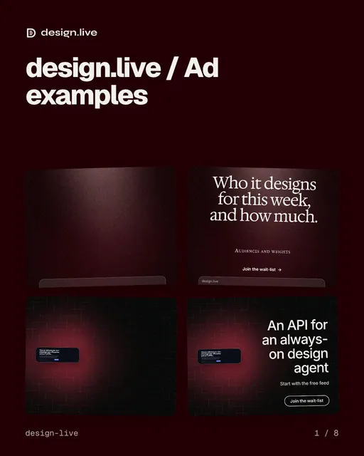 Carousel for design.live: "design.live / Ad examples". Collection carousel, 8 slides, dark palette.