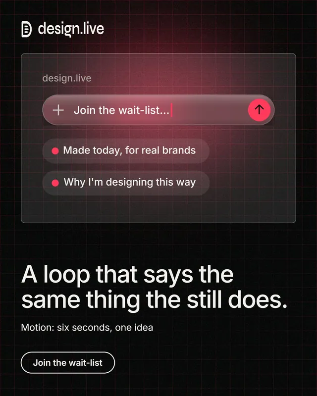 Instagram portrait post for design.live: "A loop that says the same thing the still does." Phosphor atlas style, bottom layout, dark palette in black, grey.