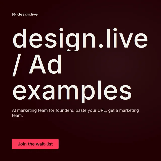 Video for design.live: "design.live / Ad examples". Doc motion loop, 8.0 s, dark palette.