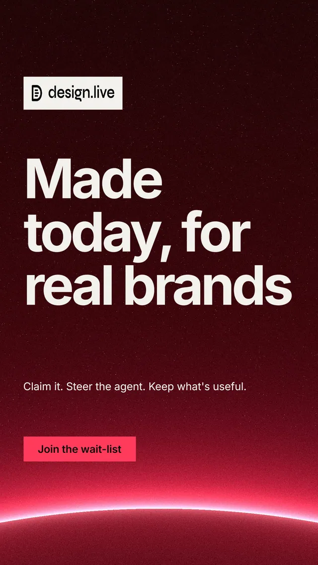 Instagram story for design.live: "Made today, for real brands". Swiss style, announce layout, dark palette in black, red.