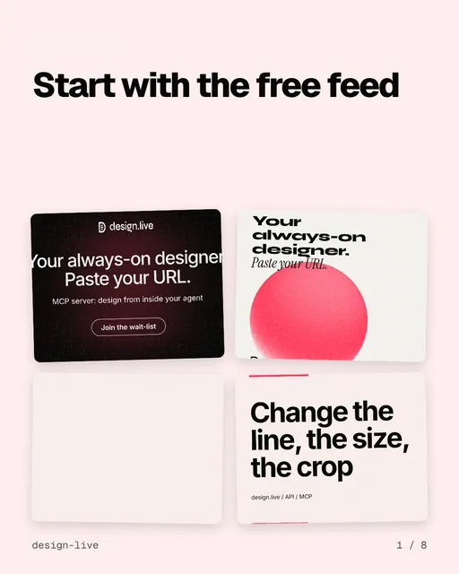 Carousel for design.live: "Start with the free feed". Collection carousel, 8 slides, light palette.