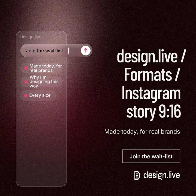 Instagram post for design.live: "design.live / Formats / Instagram story 9:16". Dark deco style, right layout, dark palette in black, red, grey.