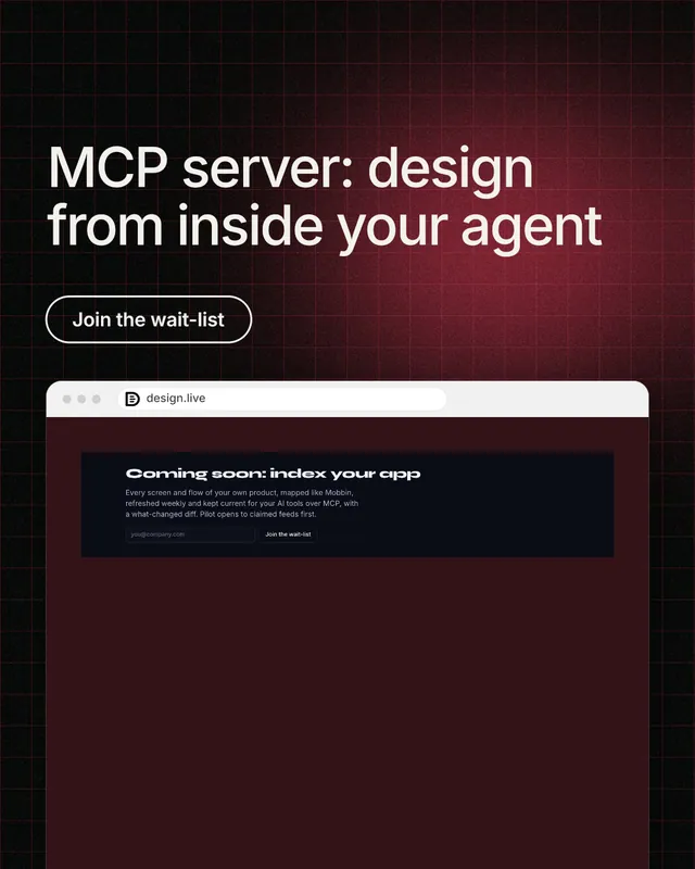 Instagram portrait post for design.live: "MCP server: design from inside your agent". Phosphor atlas style, browser layout, dark palette in red, black, grey.