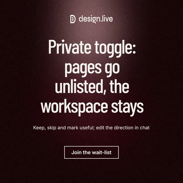 Instagram post for design.live: "Private toggle: pages go unlisted, the workspace stays". Dark deco style, centred layout, dark palette in black, red, grey.