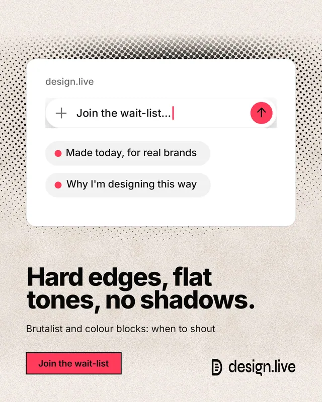 Instagram portrait post for design.live: "Hard edges, flat tones, no shadows." Ink sticker style, bottom layout, light palette in orange, white, grey.