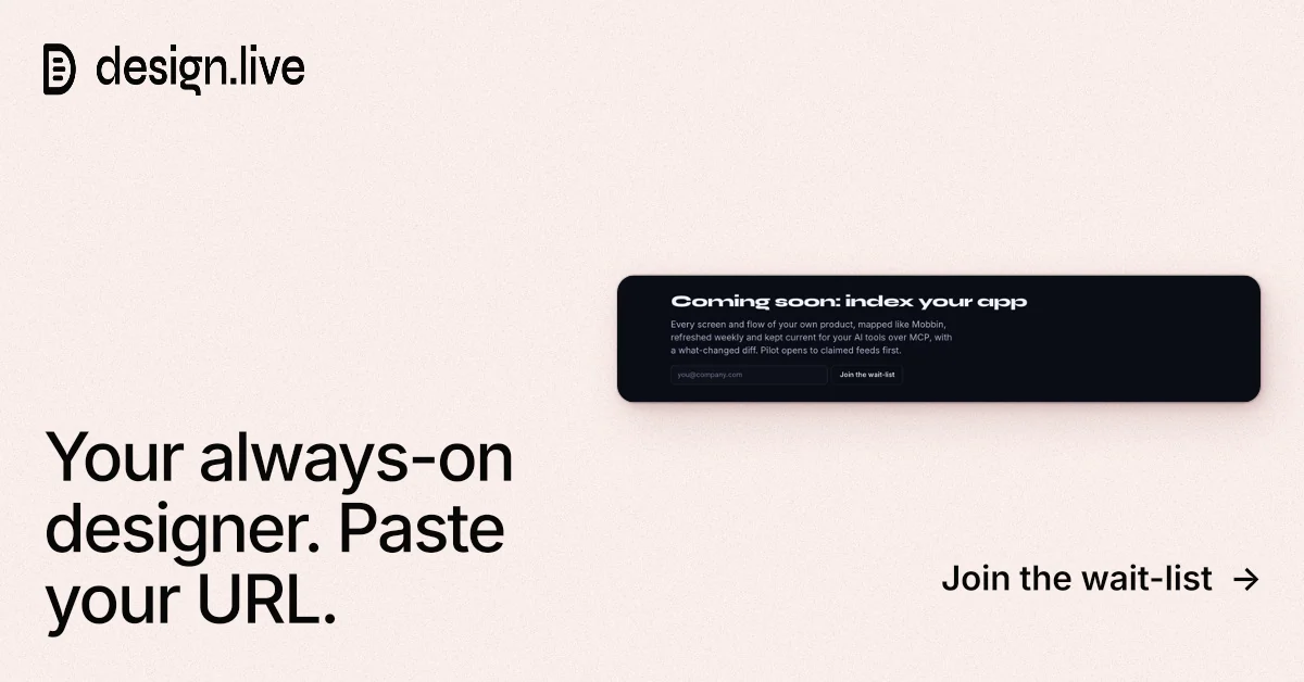 Social ad for design.live: "Your always-on designer. Paste your URL." Data card style, image led layout, light palette in white, grey.
