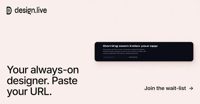 Social ad for design.live: "Your always-on designer. Paste your URL." Data card style, image led layout, light palette in white, grey.