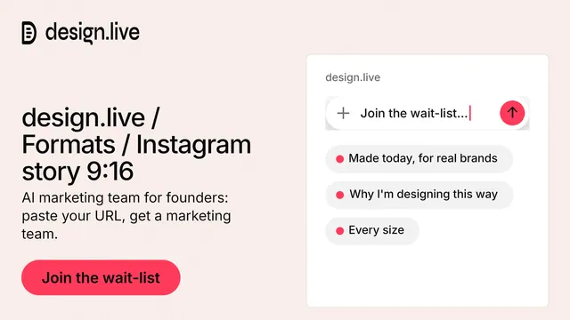 Landscape graphic for design.live: "design.live / Formats / Instagram story 9:16". Data card style, bottom layout, light palette in white, red.