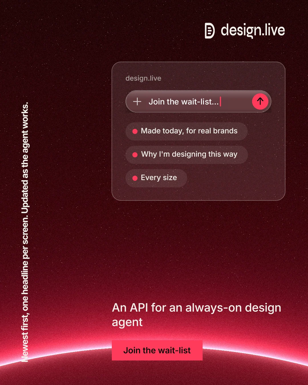 Instagram portrait post for design.live: "Newest first, one headline per screen. Updated as the agent works." Swiss style, vertical layout, dark palette in red, black.