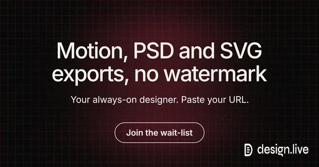 Social ad for design.live: "Motion, PSD and SVG exports, no watermark". Phosphor atlas style, centred layout, dark palette in black, red, grey.