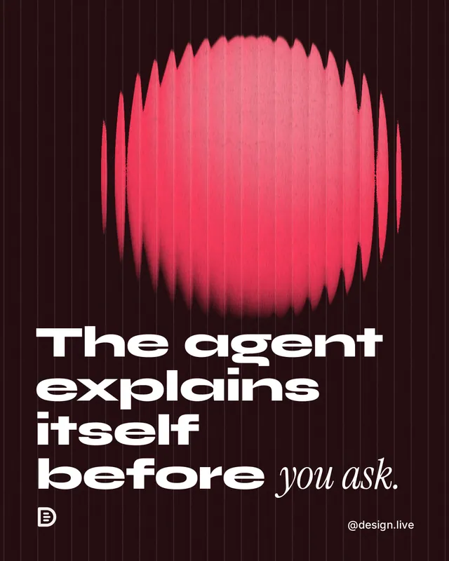 Instagram portrait post for design.live: "The agent explains itself before you ask." Auto 4x5 style, technique:shader field layout, dark palette in black, red.