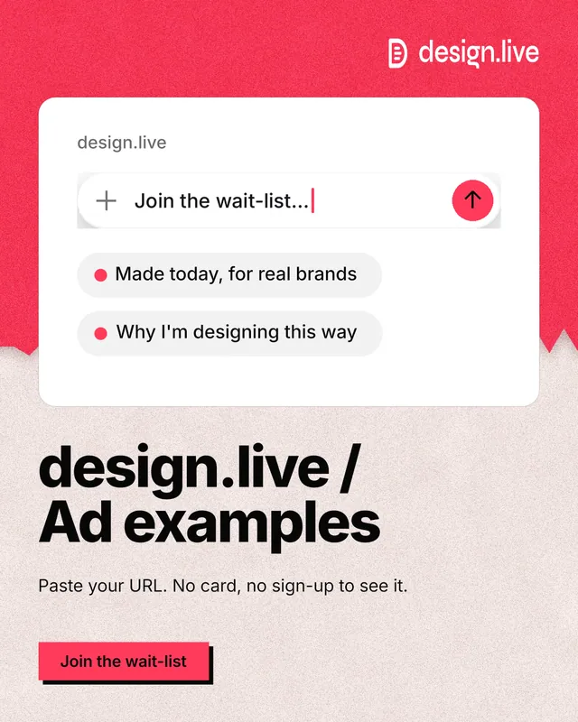 Instagram portrait post for design.live: "design.live / Ad examples". Paper trio style, bottom layout, light palette in red, white.
