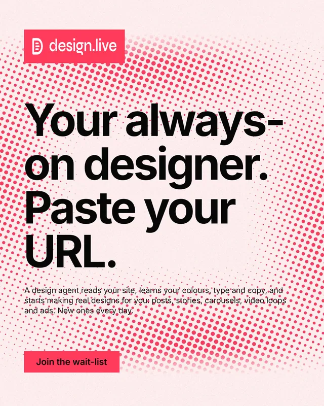 Instagram portrait post for design.live: "Your always-on designer. Paste your URL." Swiss style, announce layout, light palette in red, white.
