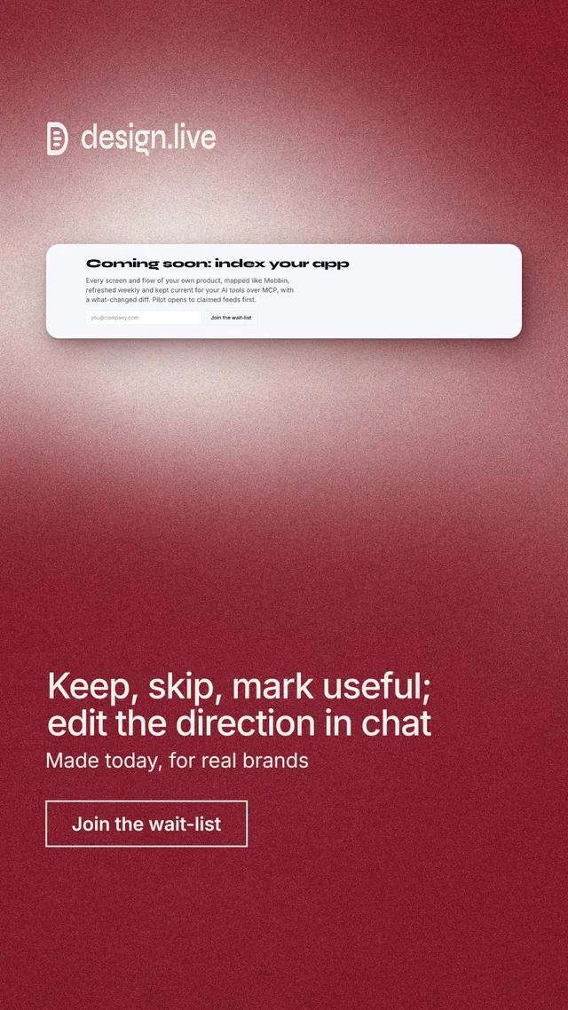Instagram story for design.live: "Keep, skip, mark useful; edit the direction in chat". Cyanotype style, bottom layout, dark palette in red.