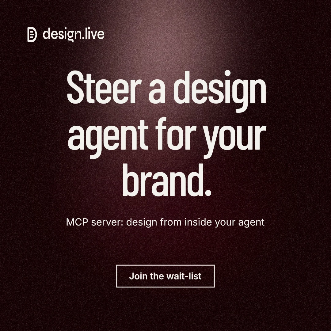 Instagram post for design.live: "Steer a design agent for your brand." Dark deco style, centred layout, dark palette in black, red, grey.
