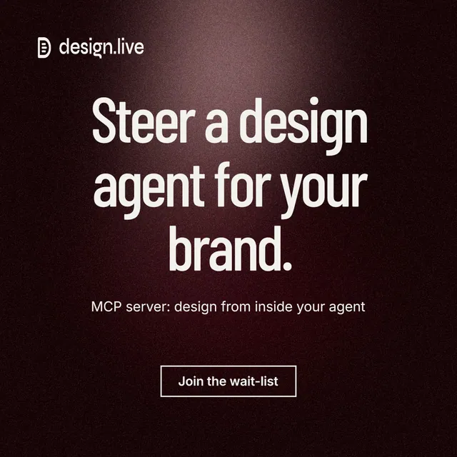 Instagram post for design.live: "Steer a design agent for your brand." Dark deco style, centred layout, dark palette in black, red, grey.