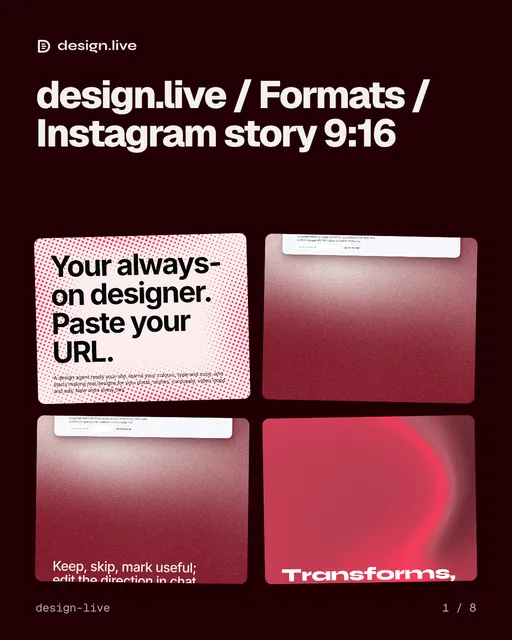 Carousel for design.live: "design.live / Formats / Instagram story 9:16". Collection carousel, 8 slides, dark palette.