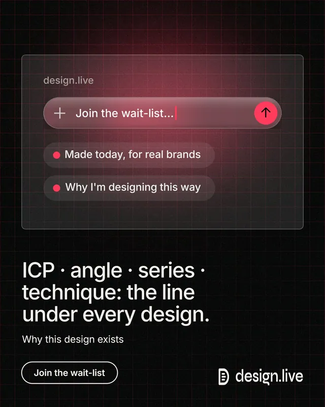 Instagram portrait post for design.live: "ICP · angle · series · technique: the line under every design." Phosphor atlas style, bottom layout, dark palette in black, red.
