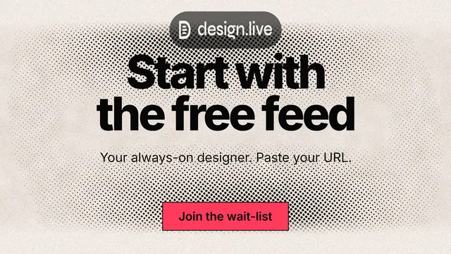 Landscape graphic for design.live: "Start with the free feed". Ink sticker style, centred layout, light palette in orange, grey.