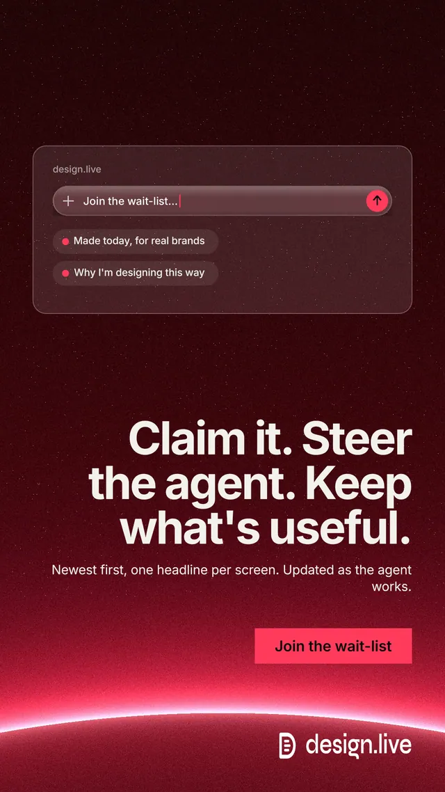 Instagram story for design.live: "Claim it. Steer the agent. Keep what's useful." Swiss style, right layout, dark palette in black, red.