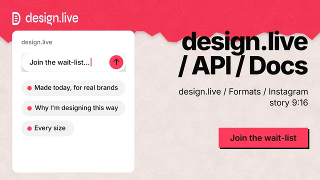 Landscape graphic for design.live: "design.live / API / Docs". Paper trio style, right layout, light palette in red, white.
